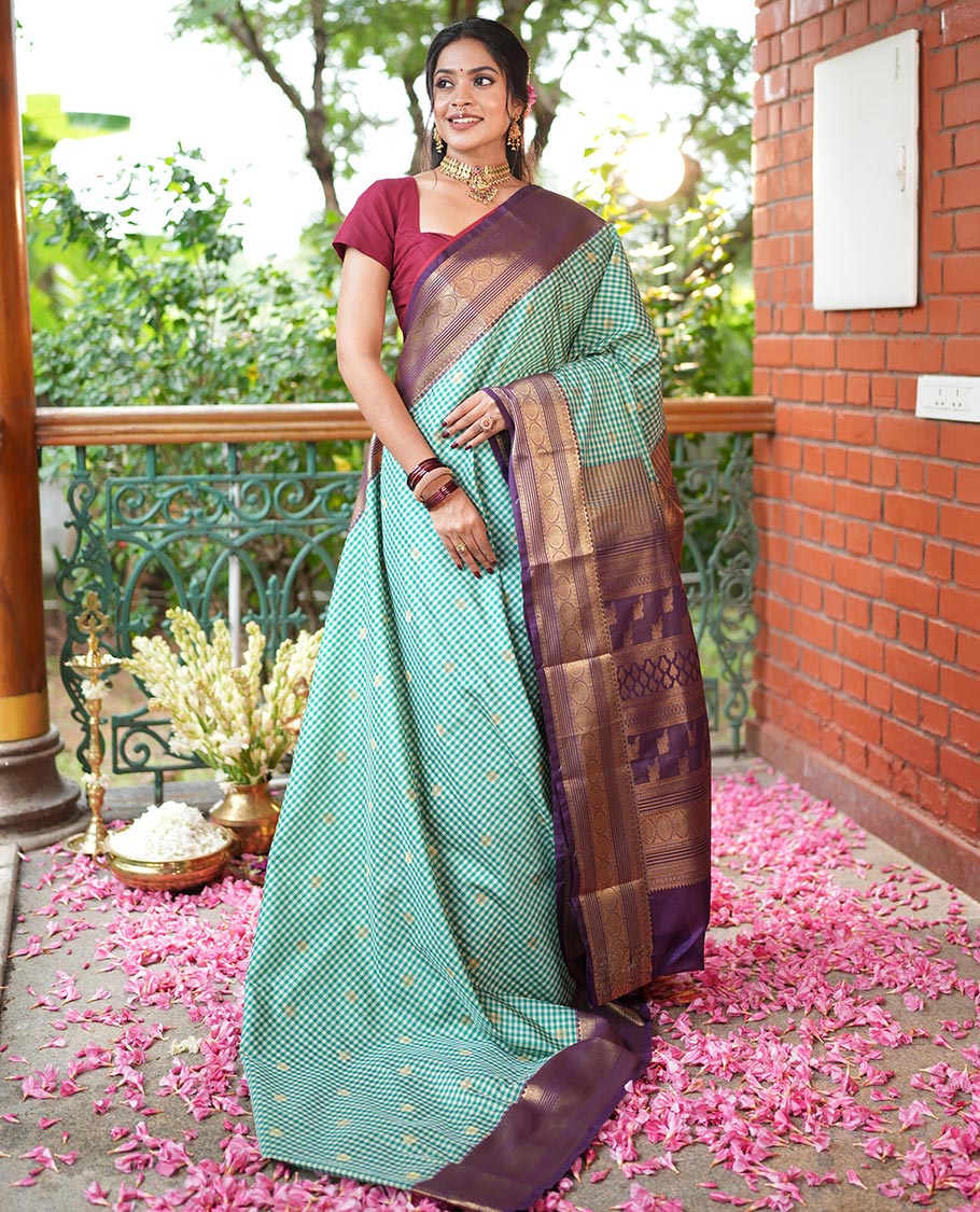 Green-Cream Micro Checks Budget Silk Saree