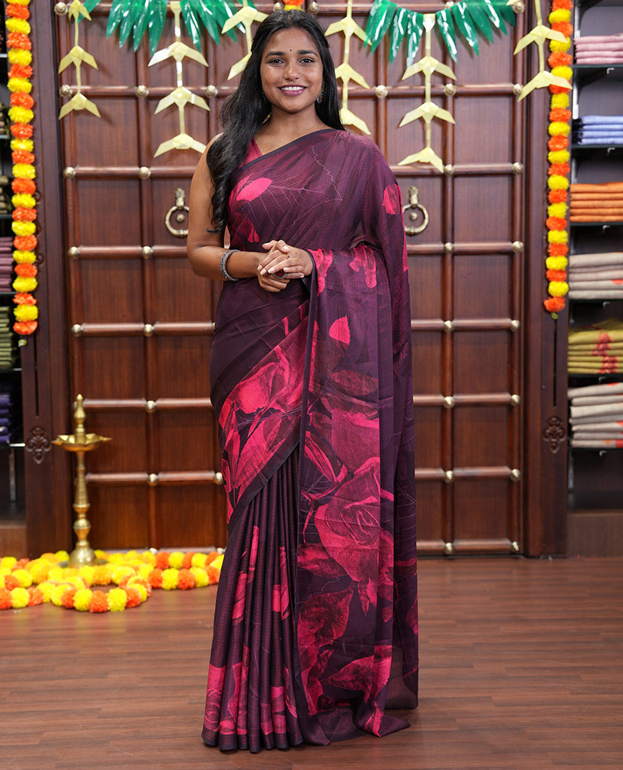 Borderless Maroon Shimmer Chiffon Saree, Artfully Printed with Abstract-Style Floral Print All Over Its Body, Pallu Mirrors the Same Print, and Paired with a Matching Blouse