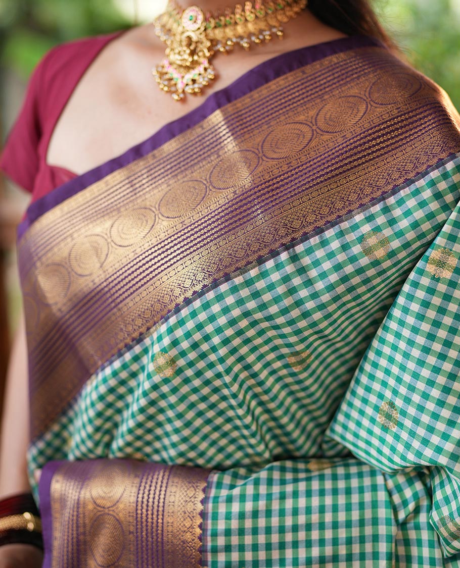 Green-Cream Micro Checks Budget Silk Saree