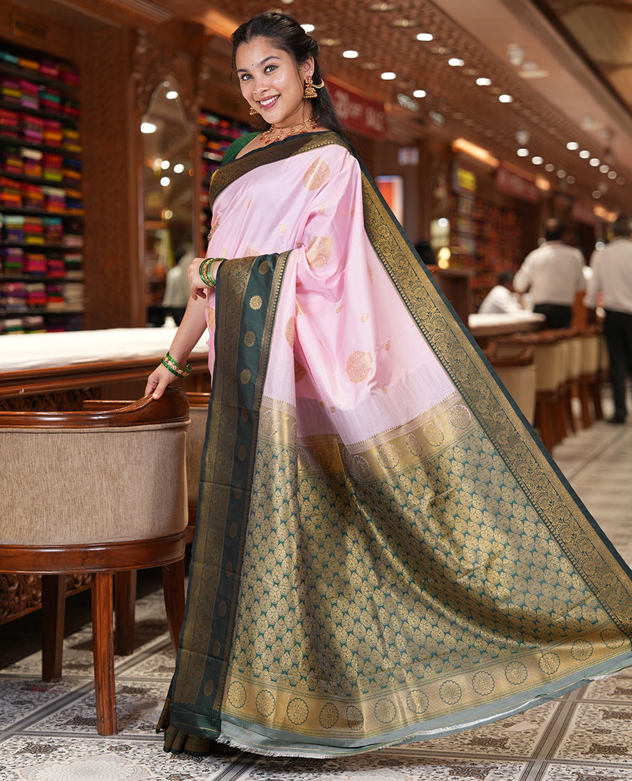 Peach Art Silk Saree, Enriched with Zari Buttas, a Contrast Traditional Zari Border, Grand Pallu and a Contrast Blouse