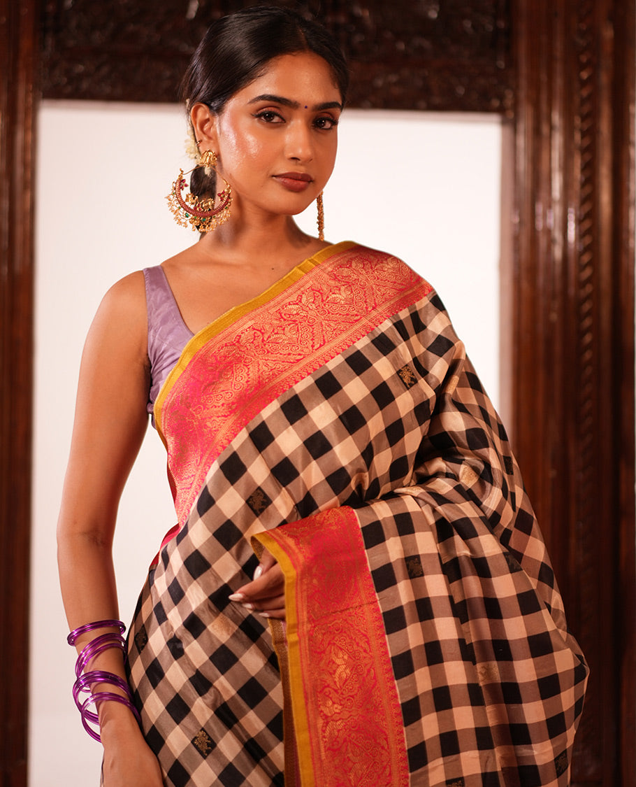 Black Checks Fancy Mysore Silk Saree