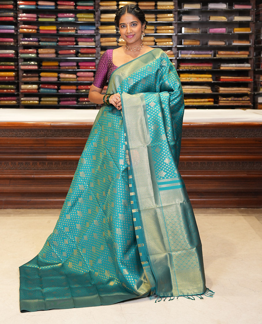 Rama Blue Semi-Silk Saree, Enriched with Jacquard Design, a Traditional Zari Border, Grand Pallu, and a Matching Blouse-Trisha-Inspired