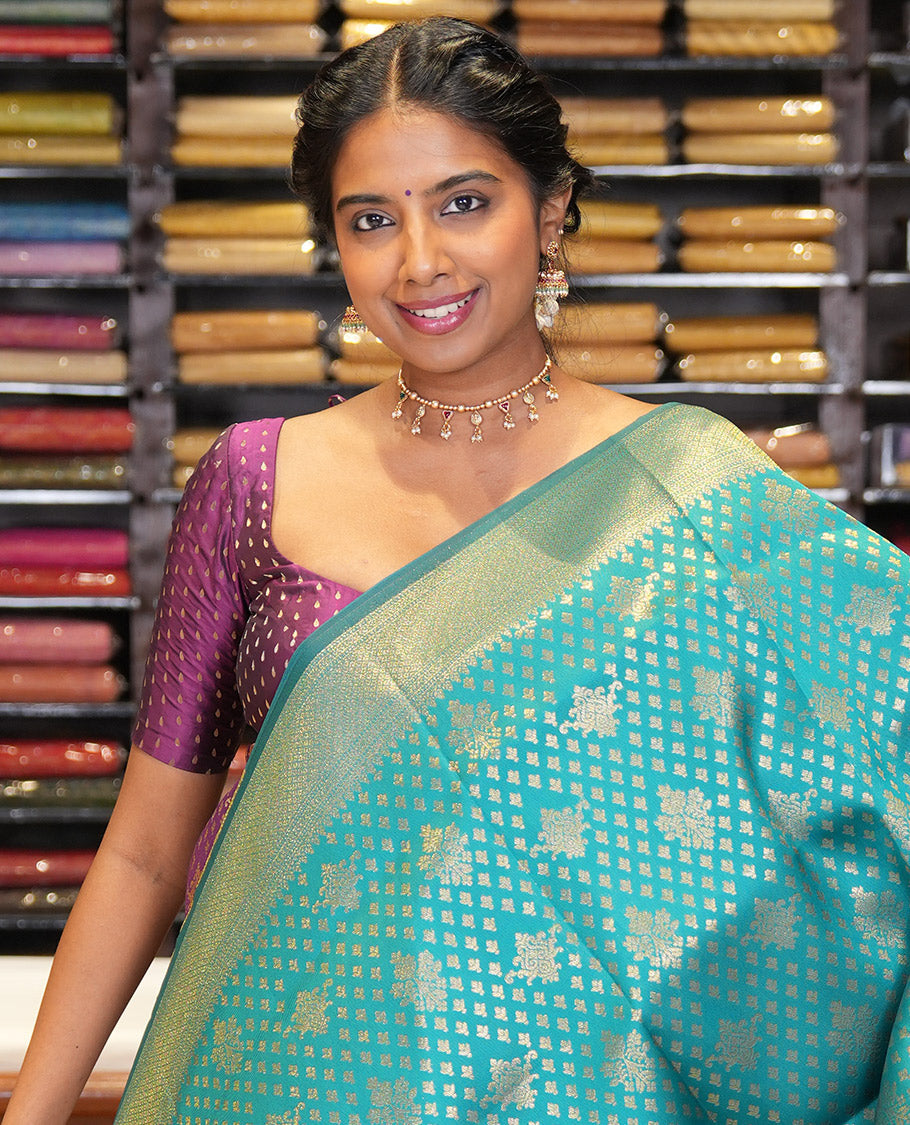 Rama Blue Semi-Silk Saree, Enriched with Jacquard Design, a Traditional Zari Border, Grand Pallu, and a Matching Blouse-Trisha-Inspired