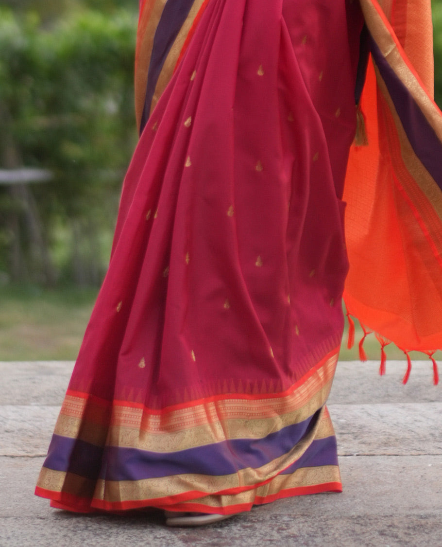 Tomato Red Buttas Vasundhara Lite Silk Mix Saree, Contrast Rettai Pettu Border, Jaal Pallu, Contrast Blouse