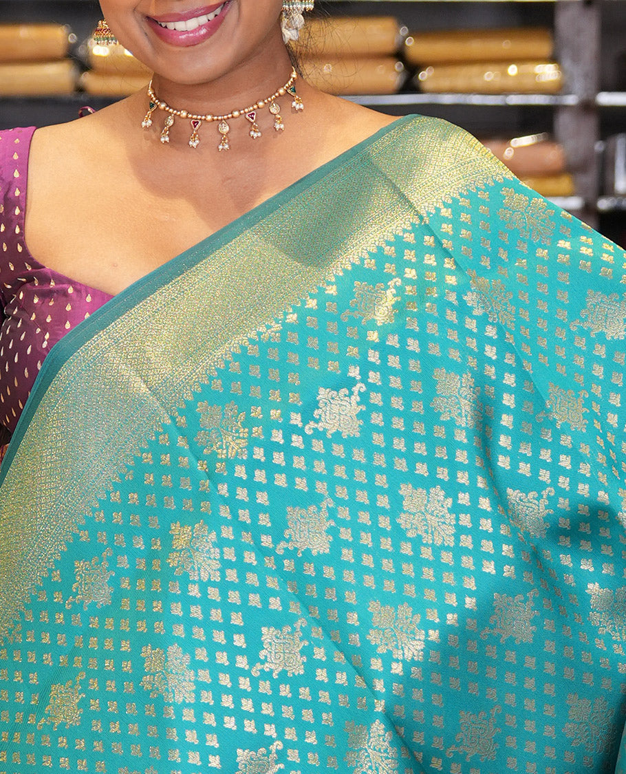 Rama Blue Semi-Silk Saree, Enriched with Jacquard Design, a Traditional Zari Border, Grand Pallu, and a Matching Blouse-Trisha-Inspired