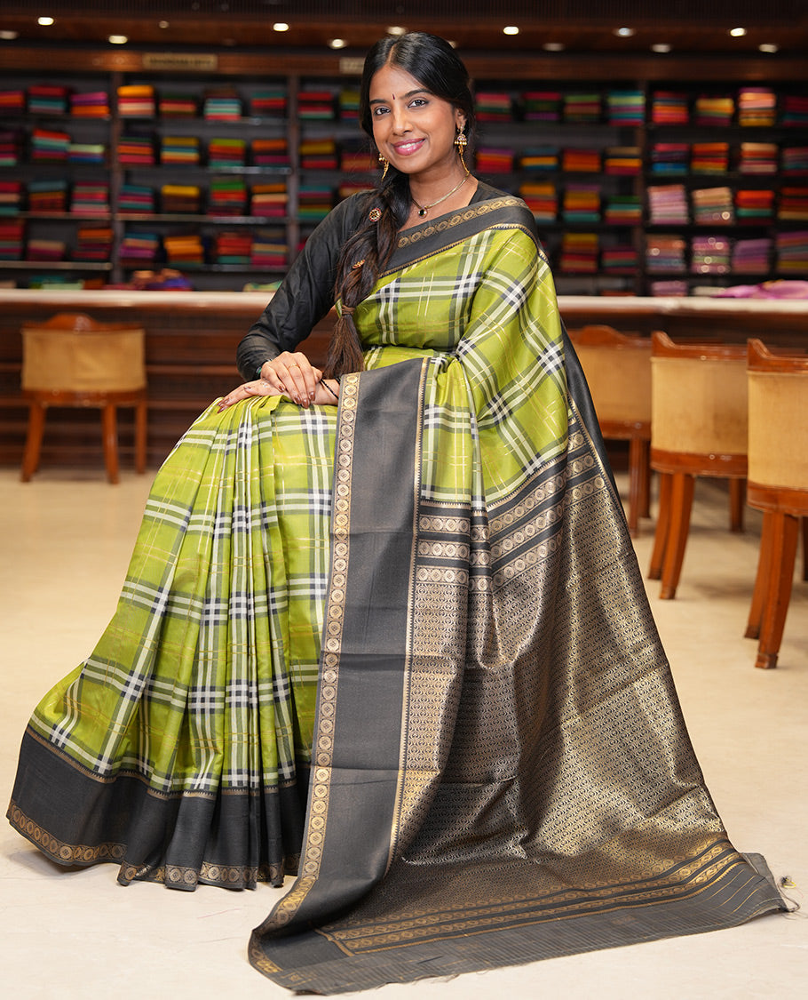 Light Green Budget Silk Saree, Adorned with Burberry-Style Checks, a Contrast Rettai Pettu Border, Intricate Pallu, and a Contrast Blouse