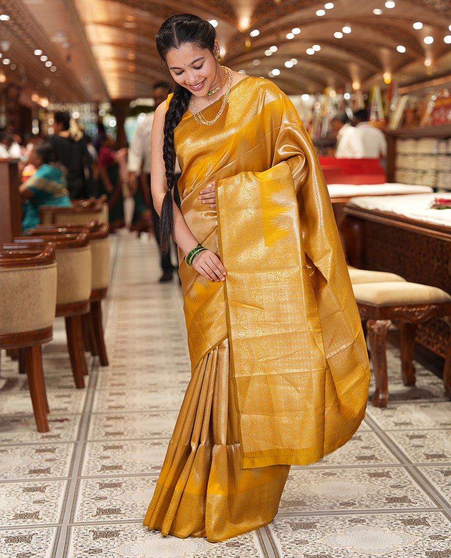 Mustard Litchi Saree Features Tissue-Zari Weave, a Temple Kodi Visiry Border, Grand Pallu and a Matching Blouse