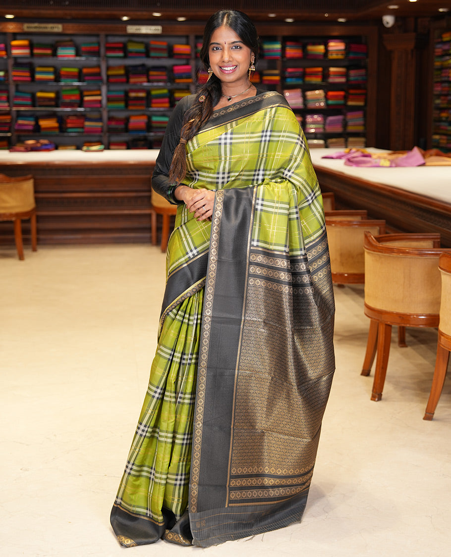 Light Green Budget Silk Saree, Adorned with Burberry-Style Checks, a Contrast Rettai Pettu Border, Intricate Pallu, and a Contrast Blouse