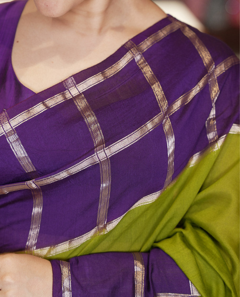 Mehendi Green Plain Assam Silk Saree, Contrast Gharchola Checked Border, Gleaming Zari Striped Pallu, and a Contrast Blouse