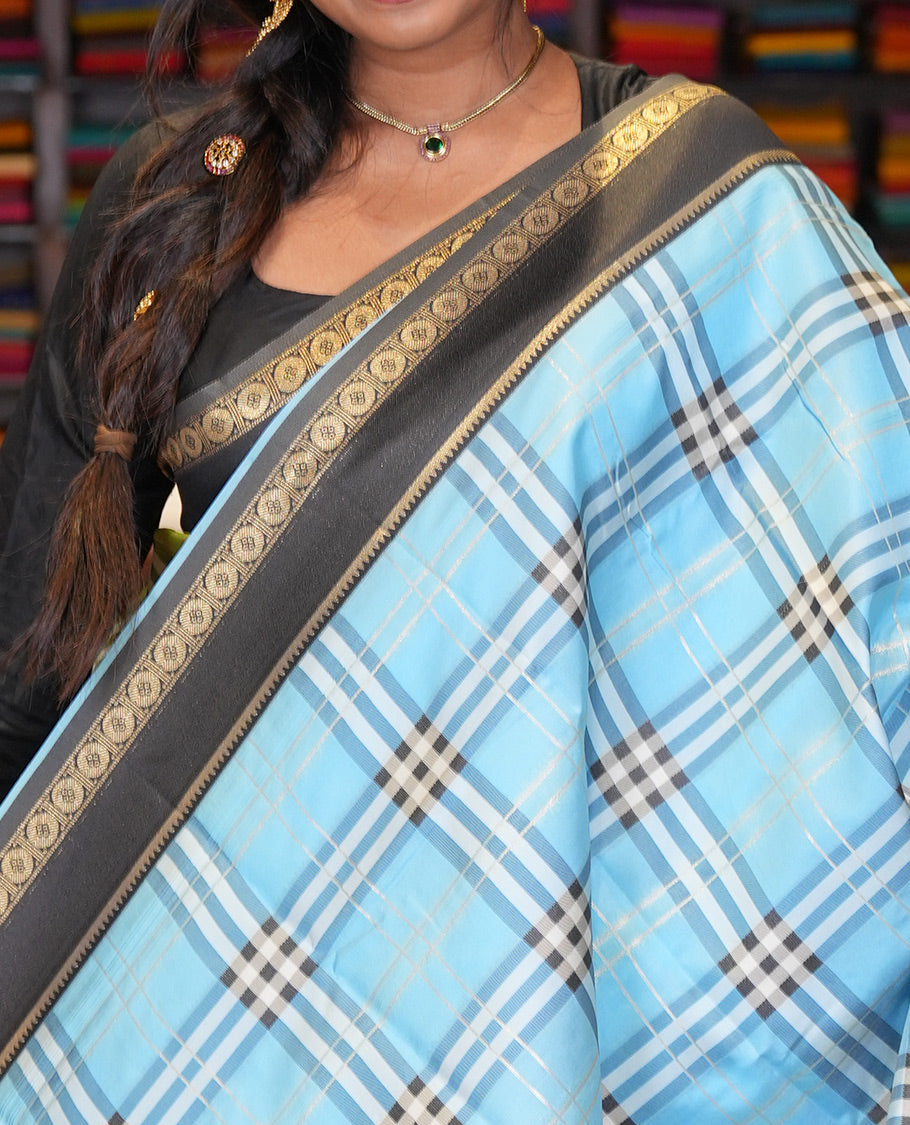 Sky Blue Budget Silk Saree, Adorned with Burberry-Style Checks, a Contrast Rettai Pettu Border, Intricate Pallu, and a Contrast Blouse
