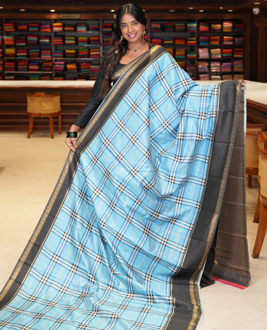 Sky Blue Budget Silk Saree, Adorned with Burberry-Style Checks, a Contrast Rettai Pettu Border, Intricate Pallu, and a Contrast Blouse