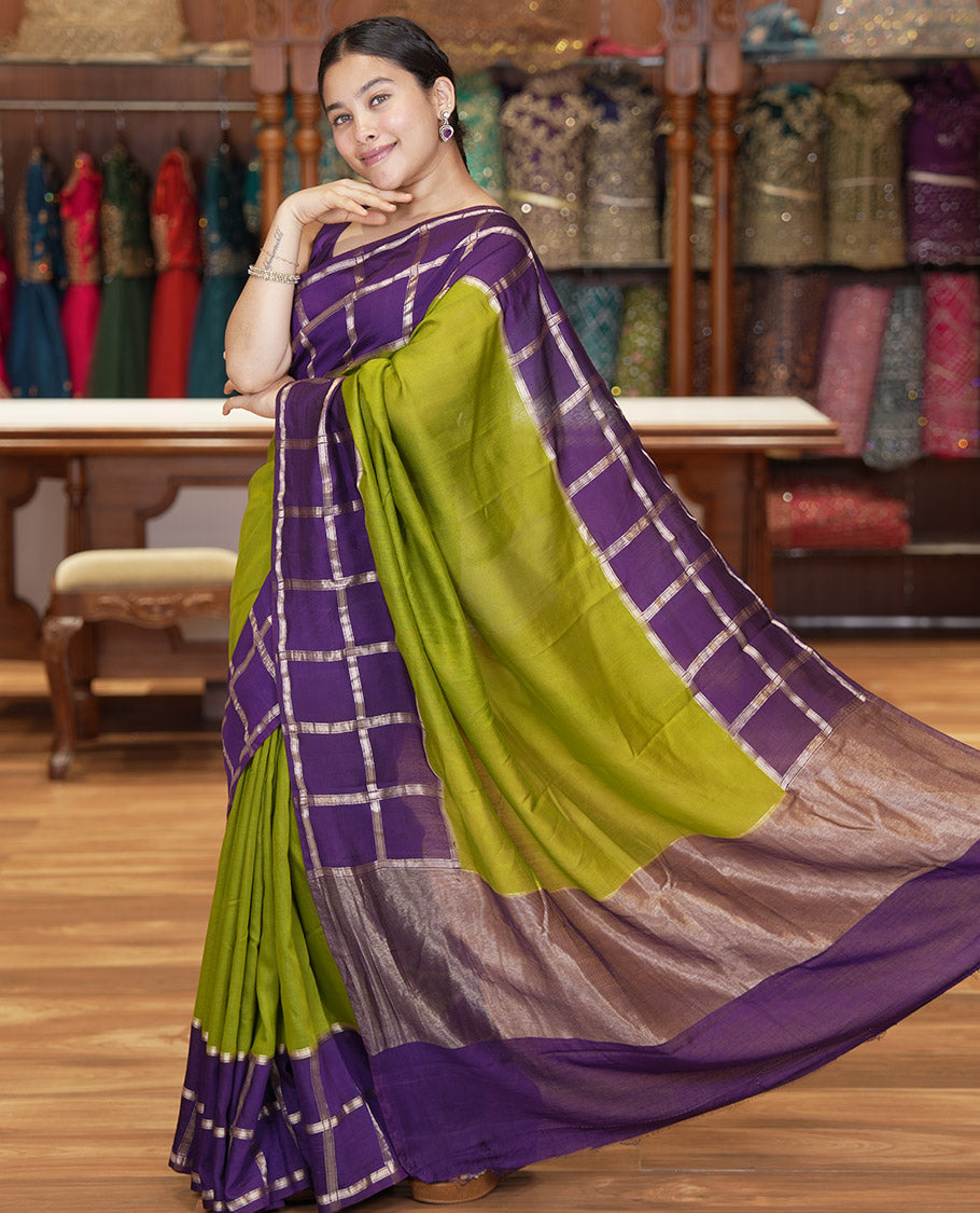 Mehendi Green Plain Assam Silk Saree, Contrast Gharchola Checked Border, Gleaming Zari Striped Pallu, and a Contrast Blouse