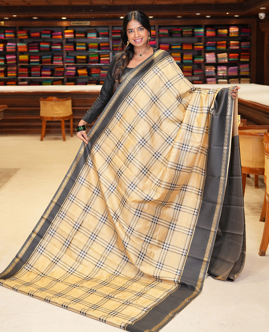 Ivory-Black Budget Silk Saree, Adorned with Burberry-Style Checks, a Contrast Rettai Pettu Border, Intricate Pallu, and a Contrast Blouse
