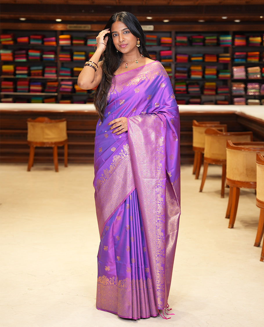 Purple Soft Silk Saree, Accentuated with Horse-Peacock Buttas, a Zari Border, Jaal Pallu, and a Matching Blouse