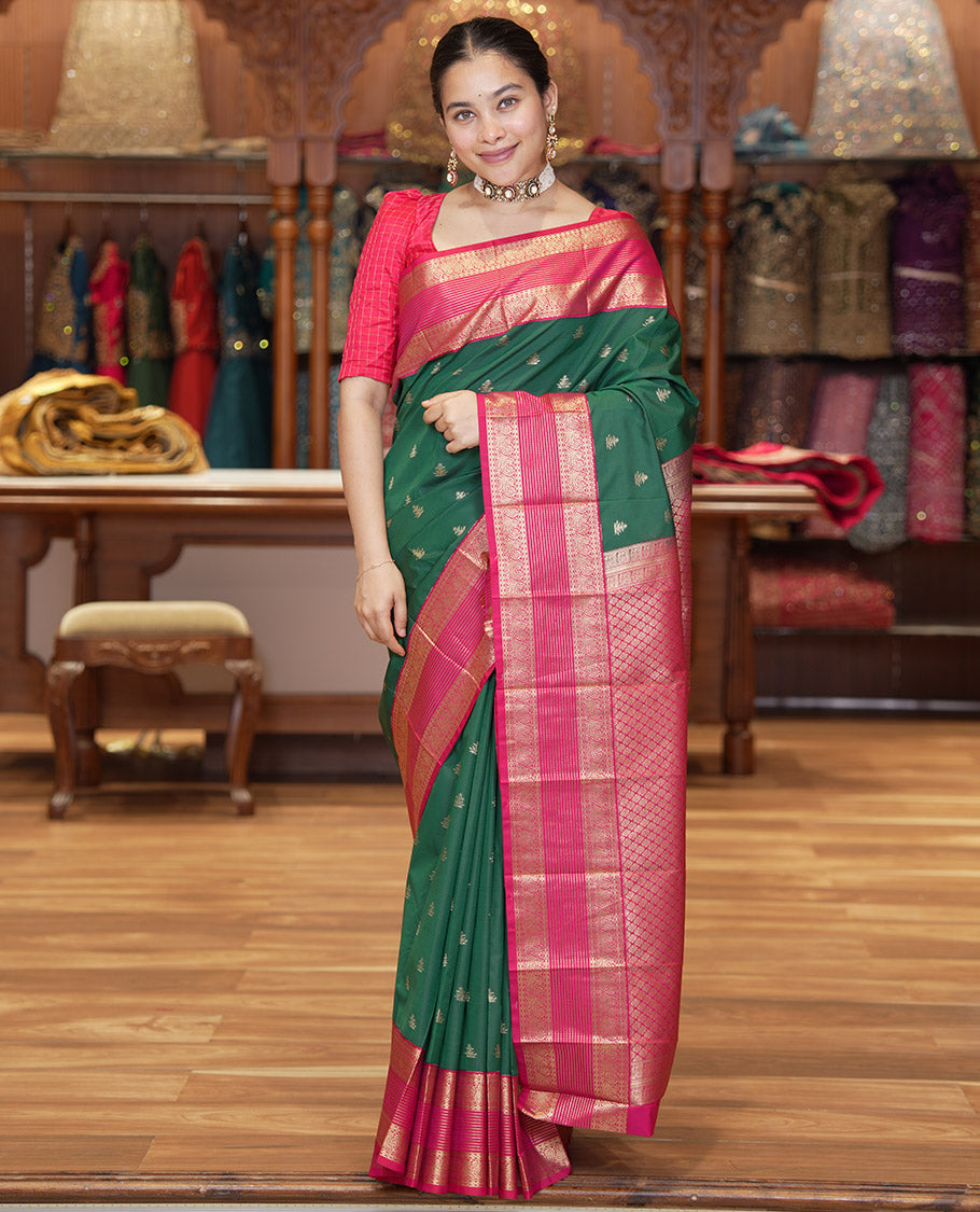 Green and Dark Pink Budget Silk Saree, Zari Buttas All Over Its Body, With Contrast Traditional Zari Border of Peacock Designs, Grand Jaal Pallu, and Contrast Blouse