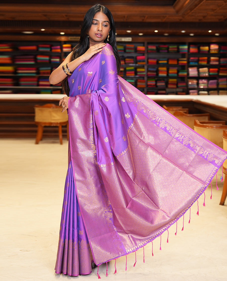 Purple Soft Silk Saree, Accentuated with Horse-Peacock Buttas, a Zari Border, Jaal Pallu, and a Matching Blouse