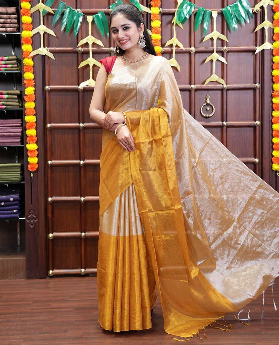Borderless Silver-Gold Half-And-Half Khadi Tissue Saree, Subtly Sparkling Plain Pallu, and Paired with a Mayching Blouse