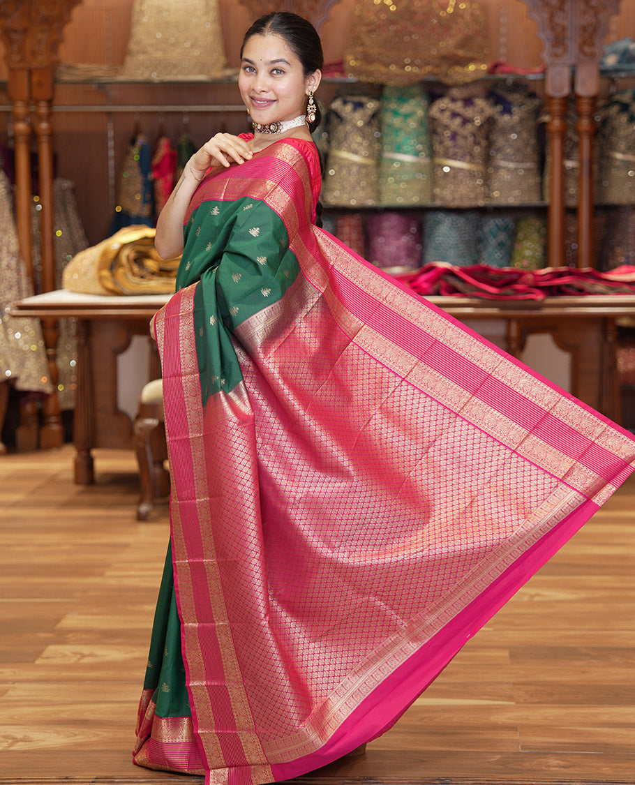 Green and Dark Pink Budget Silk Saree, Zari Buttas All Over Its Body, With Contrast Traditional Zari Border of Peacock Designs, Grand Jaal Pallu, and Contrast Blouse