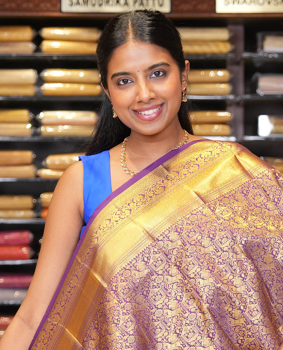 Purple Budget Silk Saree, Ornamented with Jacquard Design, a Zari Border, Grand Pallu, and a Matching Blouse