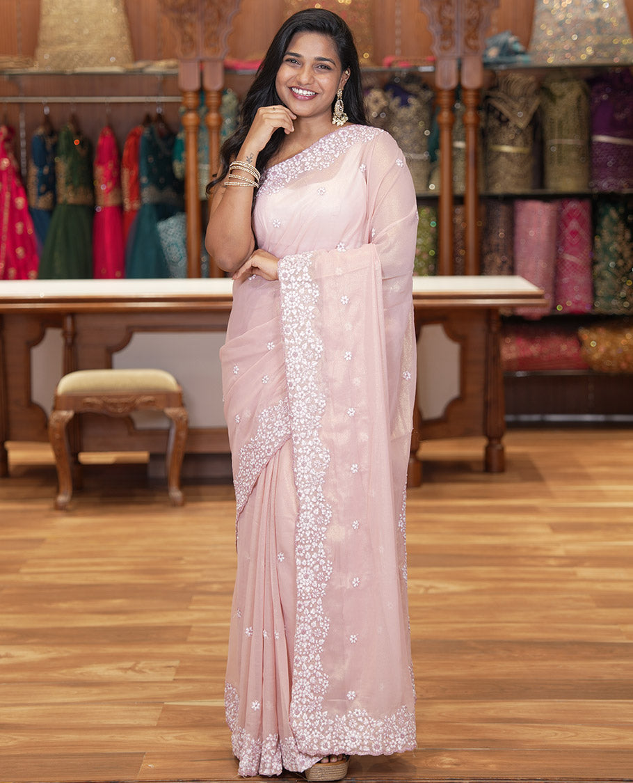 Dusky Pink Shimmer Chiffon Saree, Artfully Detailed with Floral Embroidery, Scallop Embroidery Border, and Matching Blouse