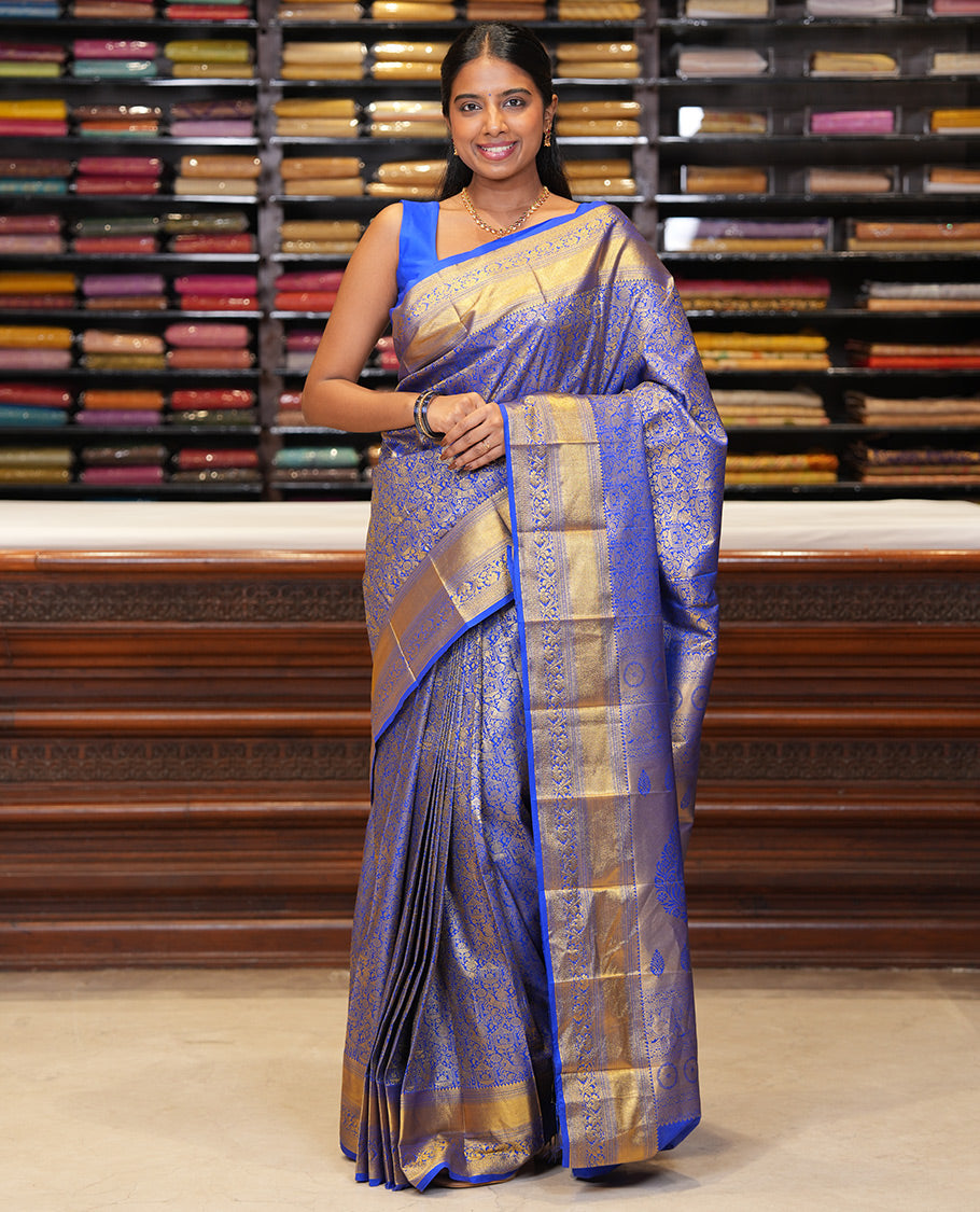 Ink Blue Budget Silk Saree, Decked Up with Jacquard Design, a Zari Border, Grand Pallu, and a Matching Blouse