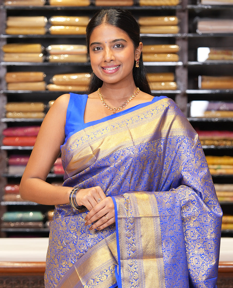 Ink Blue Budget Silk Saree, Decked Up with Jacquard Design, a Zari Border, Grand Pallu, and a Matching Blouse