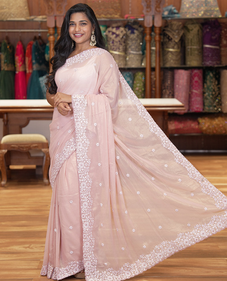 Dusky Pink Shimmer Chiffon Saree, Artfully Detailed with Floral Embroidery, Scallop Embroidery Border, and Matching Blouse