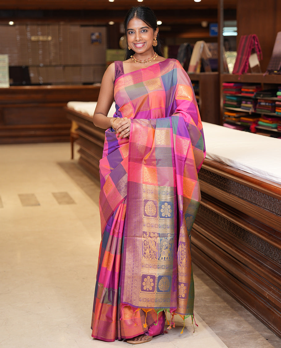 Multi-Color Palum Pazhamum Checked Fancy Soft Silk Saree, Graced with Zari Buttas, a Zari Border, Rich Pallu, a Matching Blouse