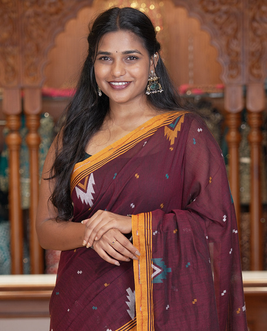 Maroon Khadi Mul Cotton Saree Features Buttas, Contrast Temple Border, Jhamdani Floral-Bird Woven Pallu, and a Matching Blouse