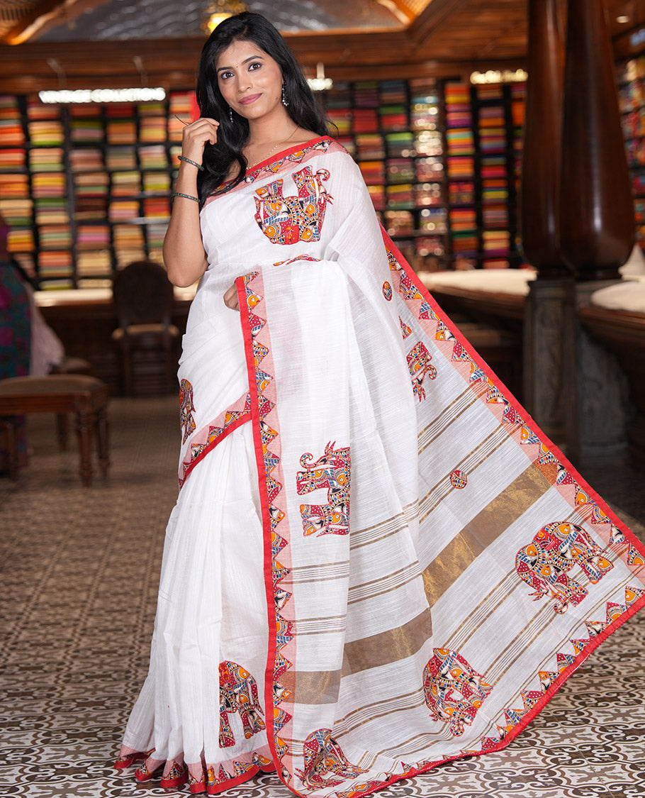 White-Red Khadi Linen Saree, Artfully Crafted with Elephant Appliqué Work, Contrast Temple Appliqué Border and a Plain Blouse