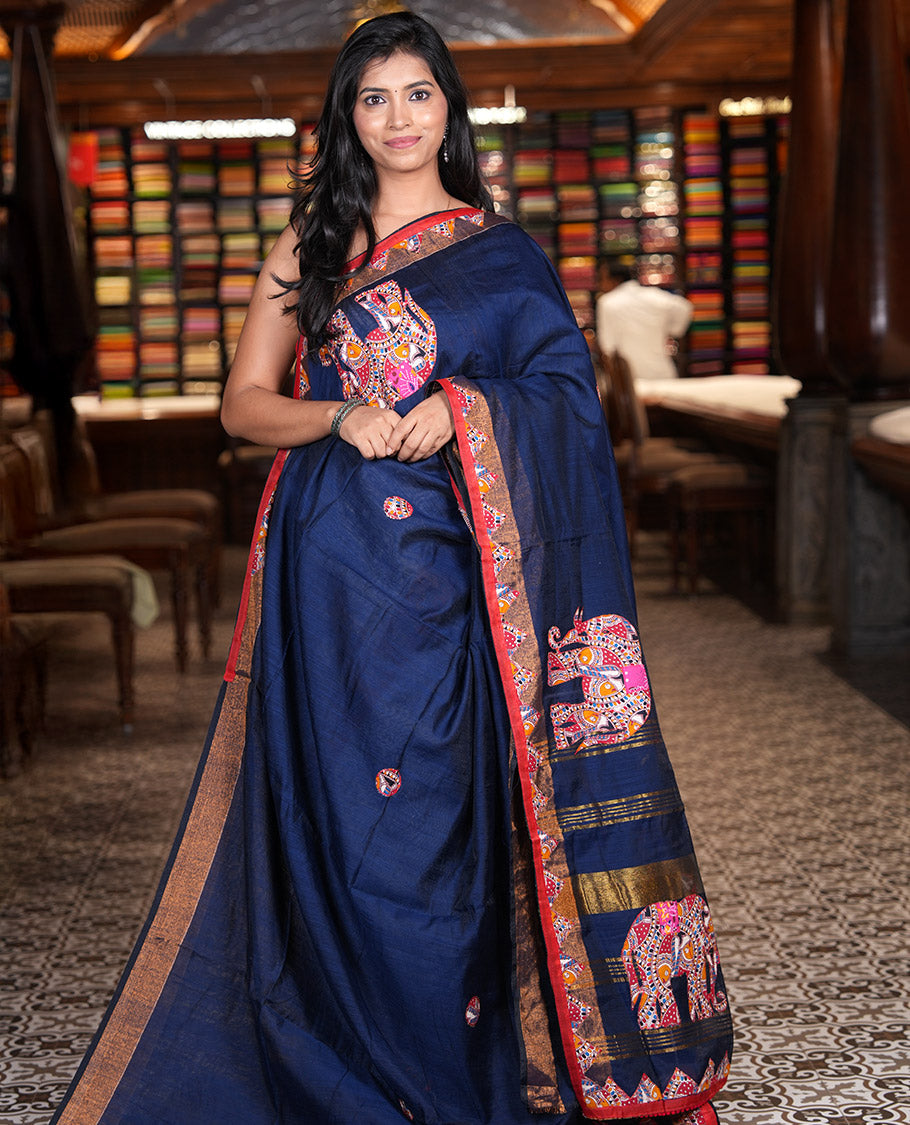 Navy Blue Khadi Linen Saree, Artfully Crafted with Elephant Appliqué Work, Contrast Temple Appliqué Border and a Plain Blouse