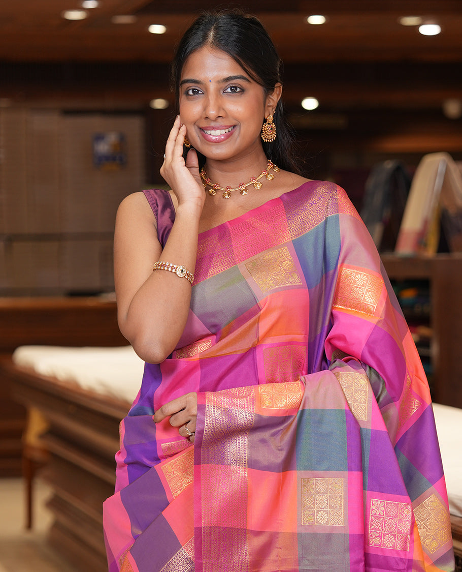 Multi-Color Palum Pazhamum Checked Fancy Soft Silk Saree, Graced with Zari Buttas, a Zari Border, Rich Pallu, a Matching Blouse