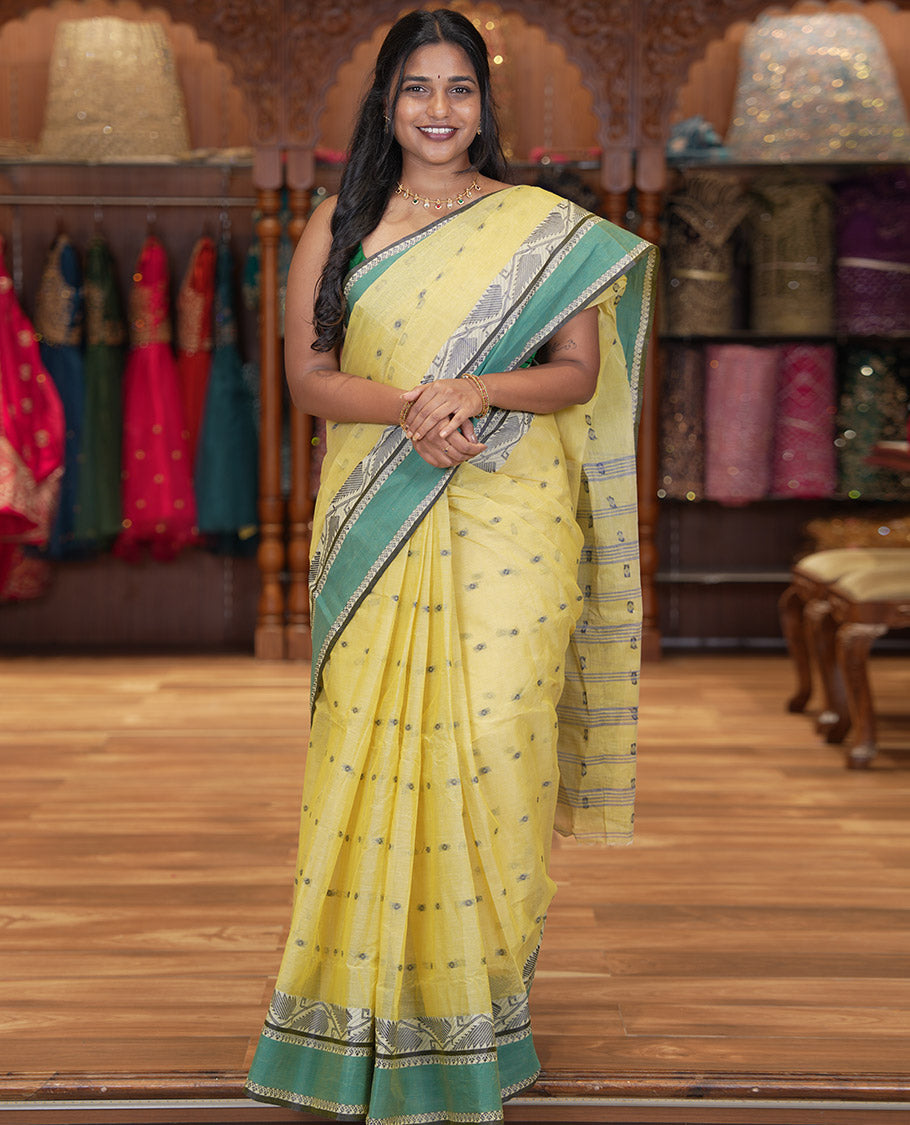 Yellow Bengal Cotton Saree Features Thread Buttas, Contrast Floral Creeper Thread Border, Striped Pallu, a Matching Blouse