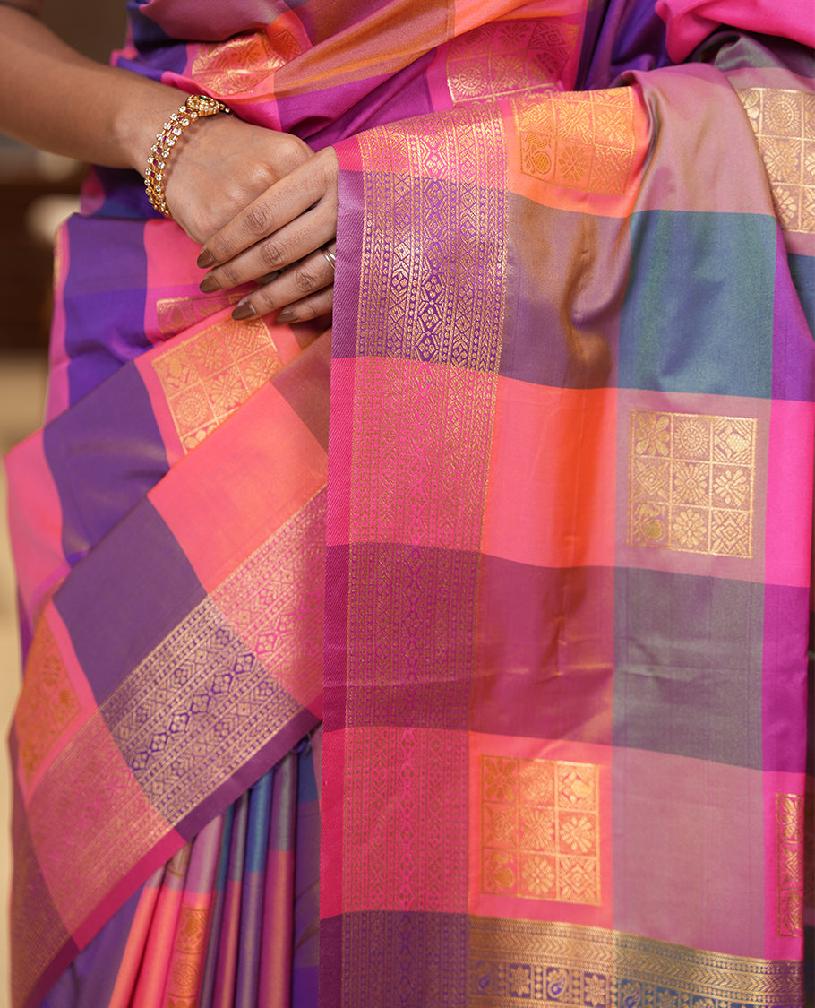 Multi-Color Palum Pazhamum Checked Fancy Soft Silk Saree, Graced with Zari Buttas, a Zari Border, Rich Pallu, a Matching Blouse