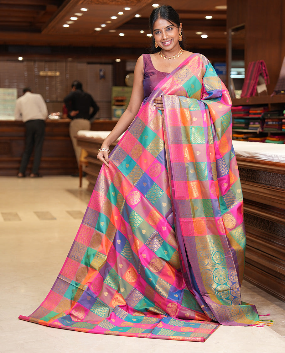 Multi-Color Palum Pazhamum Checked Fancy Soft Silk Saree, Adorned with Zari Buttas, a Zari Border, Rich Pallu, a Matching Blouse