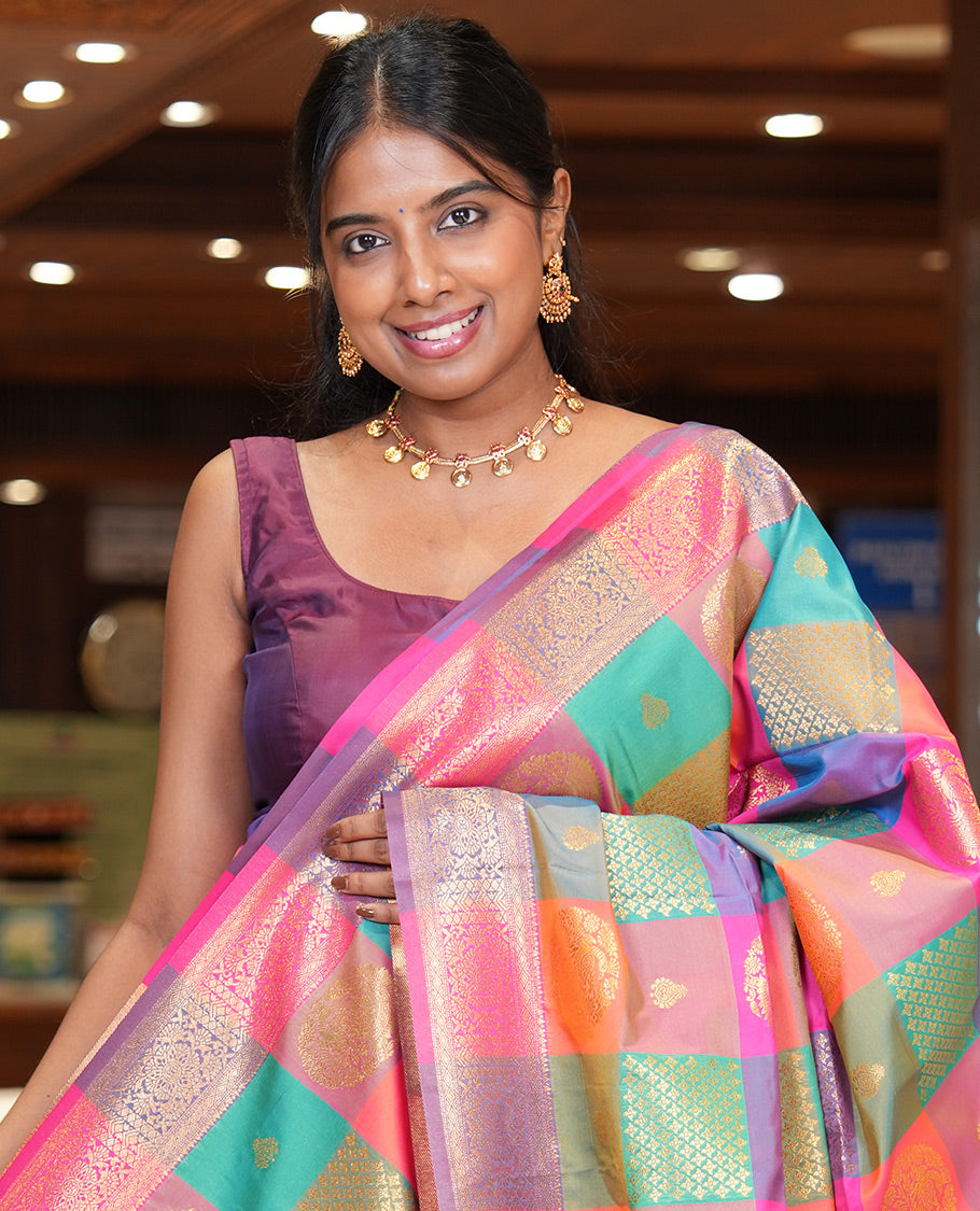 Multi-Color Palum Pazhamum Checked Fancy Soft Silk Saree, Adorned with Zari Buttas, a Zari Border, Rich Pallu, a Matching Blouse