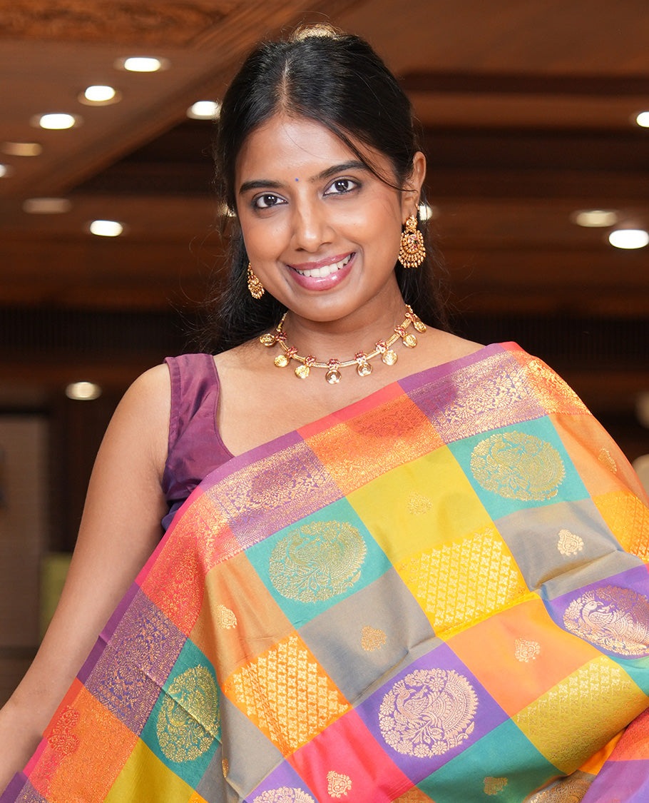 Multi-Color Palum Pazhamum Checked Fancy Soft Silk Saree, Ornamented with Zari Buttas, a Zari Border, Rich Pallu, a Matching Blouse
