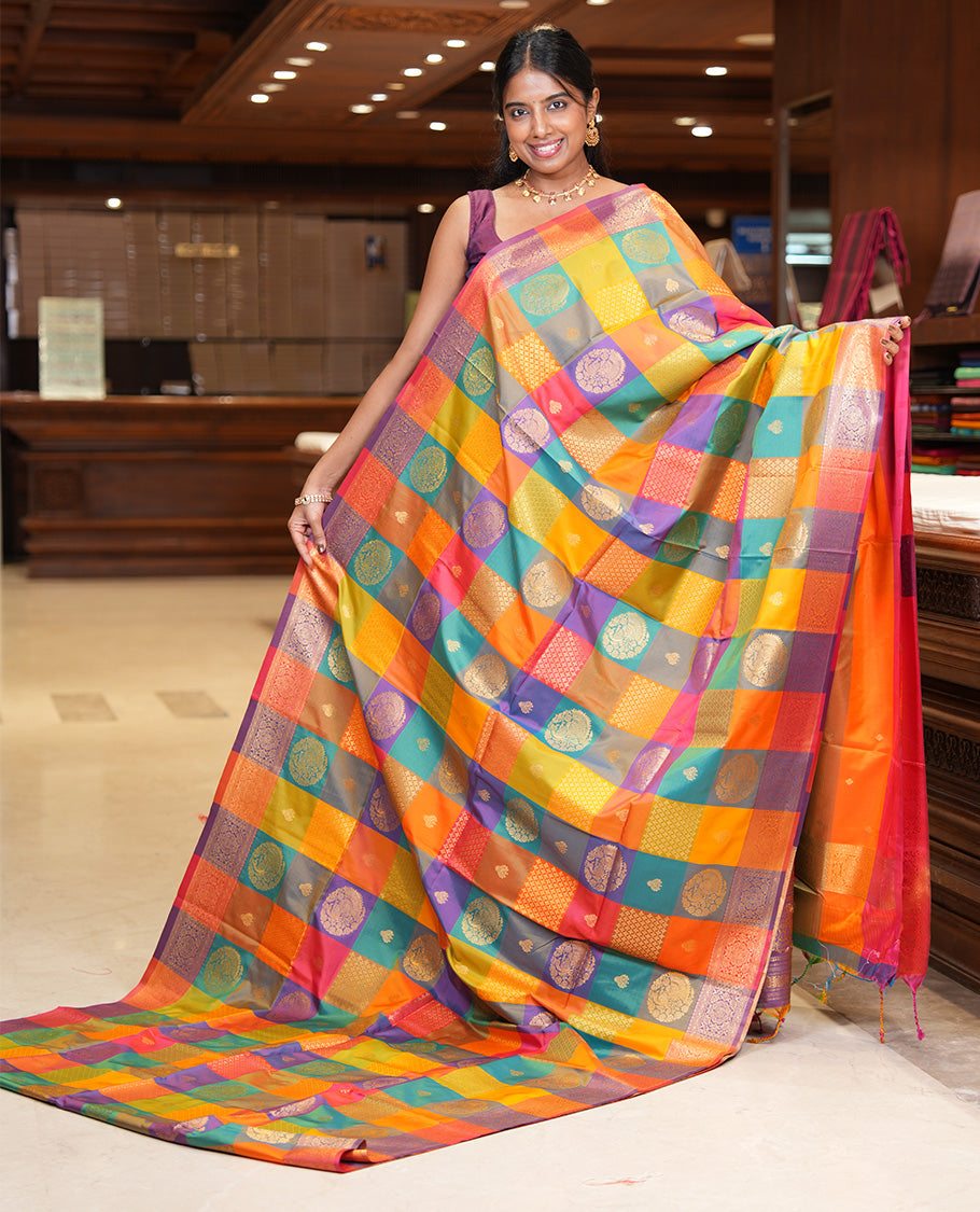Multi-Color Palum Pazhamum Checked Fancy Soft Silk Saree, Ornamented with Zari Buttas, a Zari Border, Rich Pallu, a Matching Blouse