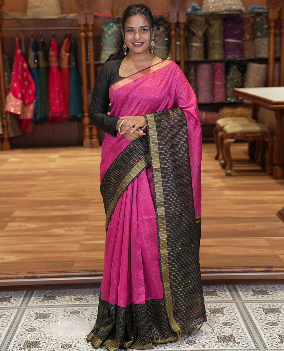 Rani Pink Semi-Raw Silk Saree, Delicately Woven with Zig-Zag Stripes, Contrast Border of Butta Enclosed Checks, Striped Pallu, and a Contrast Blouse