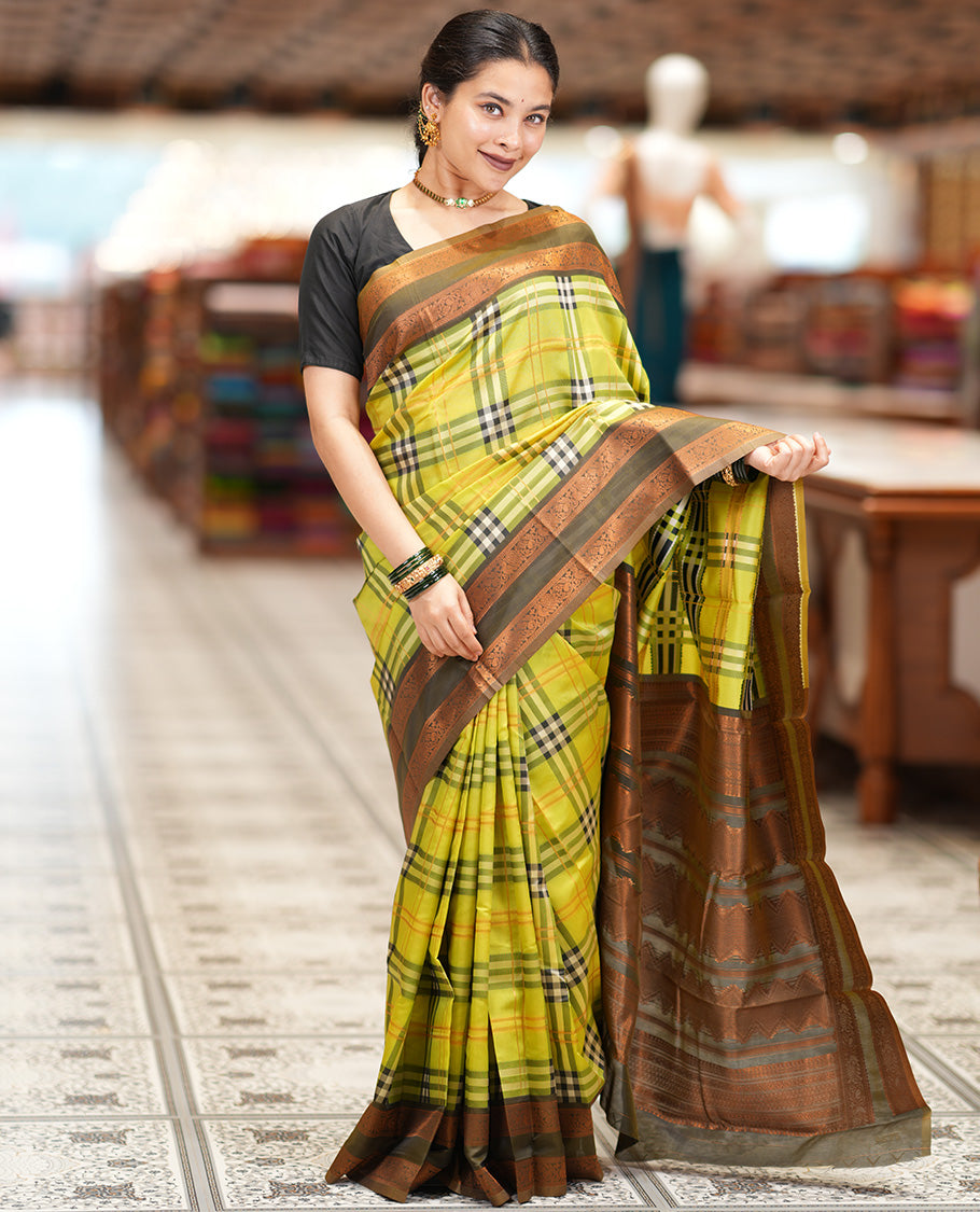 Liril Green Burberry Checked Litchi Saree, a Contrast Rettai Pettu Border, Grand Pallu, Contrast Blouse