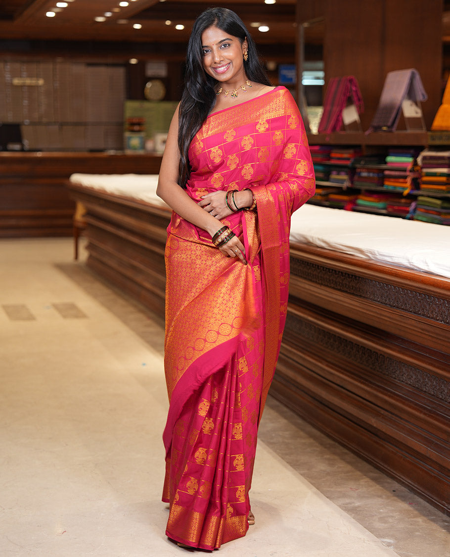 Red Chettinad Mysore Silk Saree Features Iruthalai Pakshi Buttas Enclosed Checks, a Traditional Border, Matching Blouse
