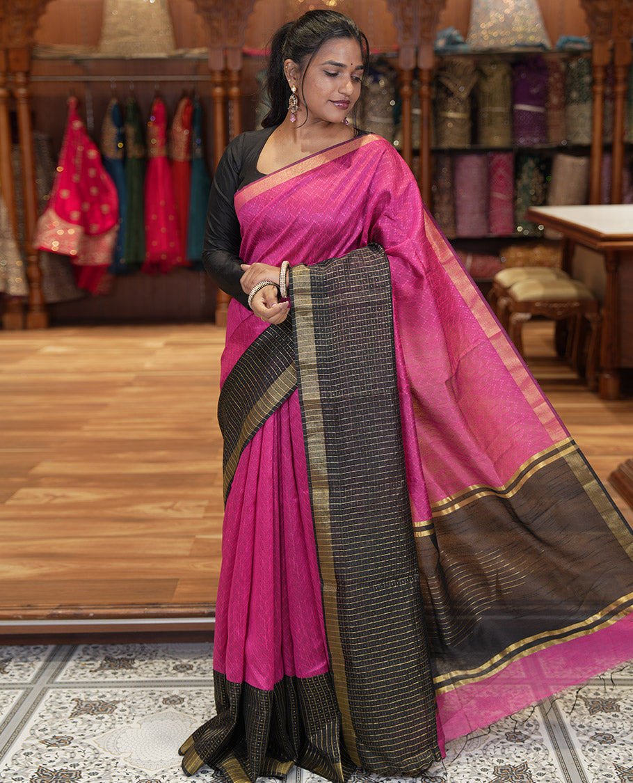 Rani Pink Semi-Raw Silk Saree, Delicately Woven with Zig-Zag Stripes, Contrast Border of Butta Enclosed Checks, Striped Pallu, and a Contrast Blouse