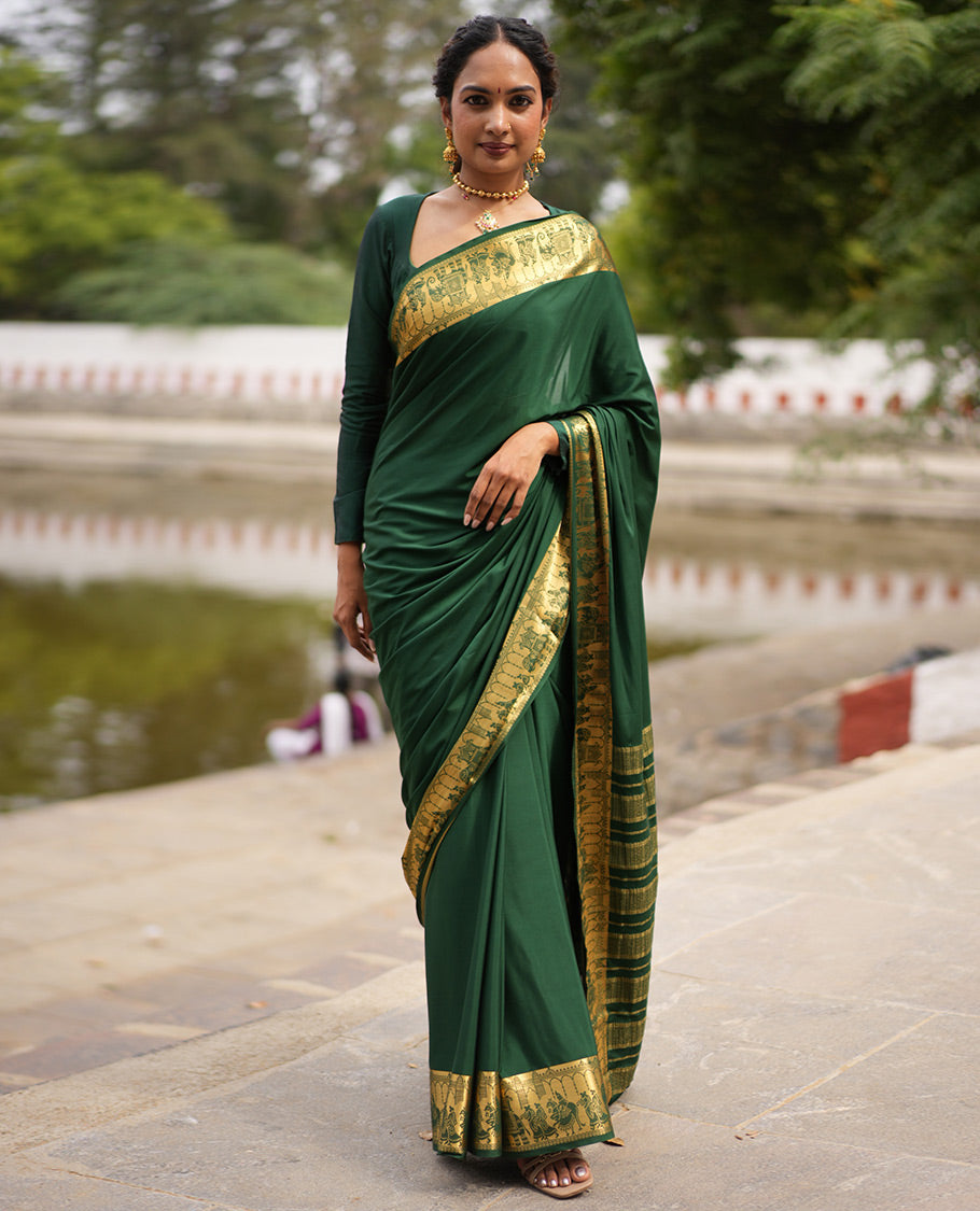 Karumpachai Plain Semi-Mysore Saree, Zari Wedding-Themed Border, Zari Striped Pallu, Matching Blouse