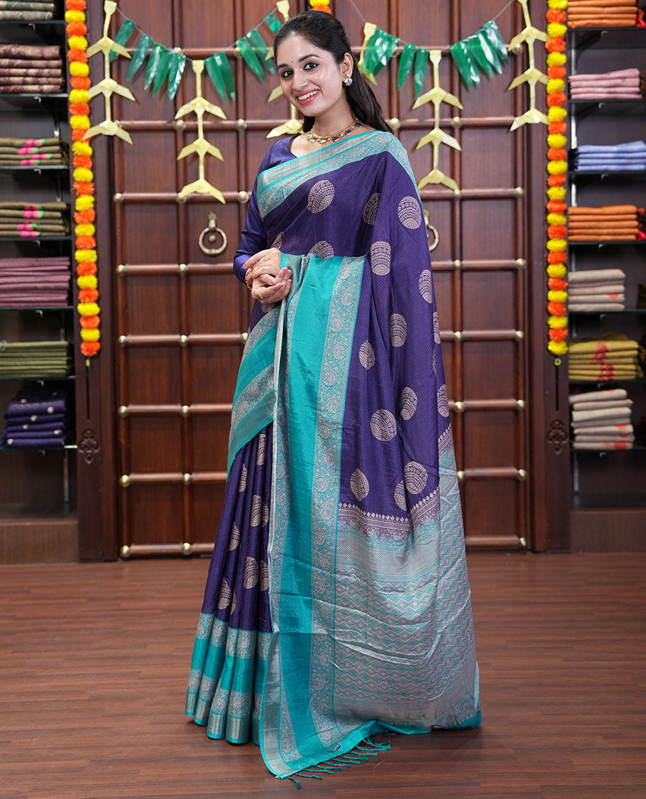 Violet Katan Silk Saree Enthralled with Stripes and Round Buttas on Its Body, Complemented by a Contrast Border of Floral Creeper Designs, Geometric Patterned Pallu, and Paired with a Contrast Blouse