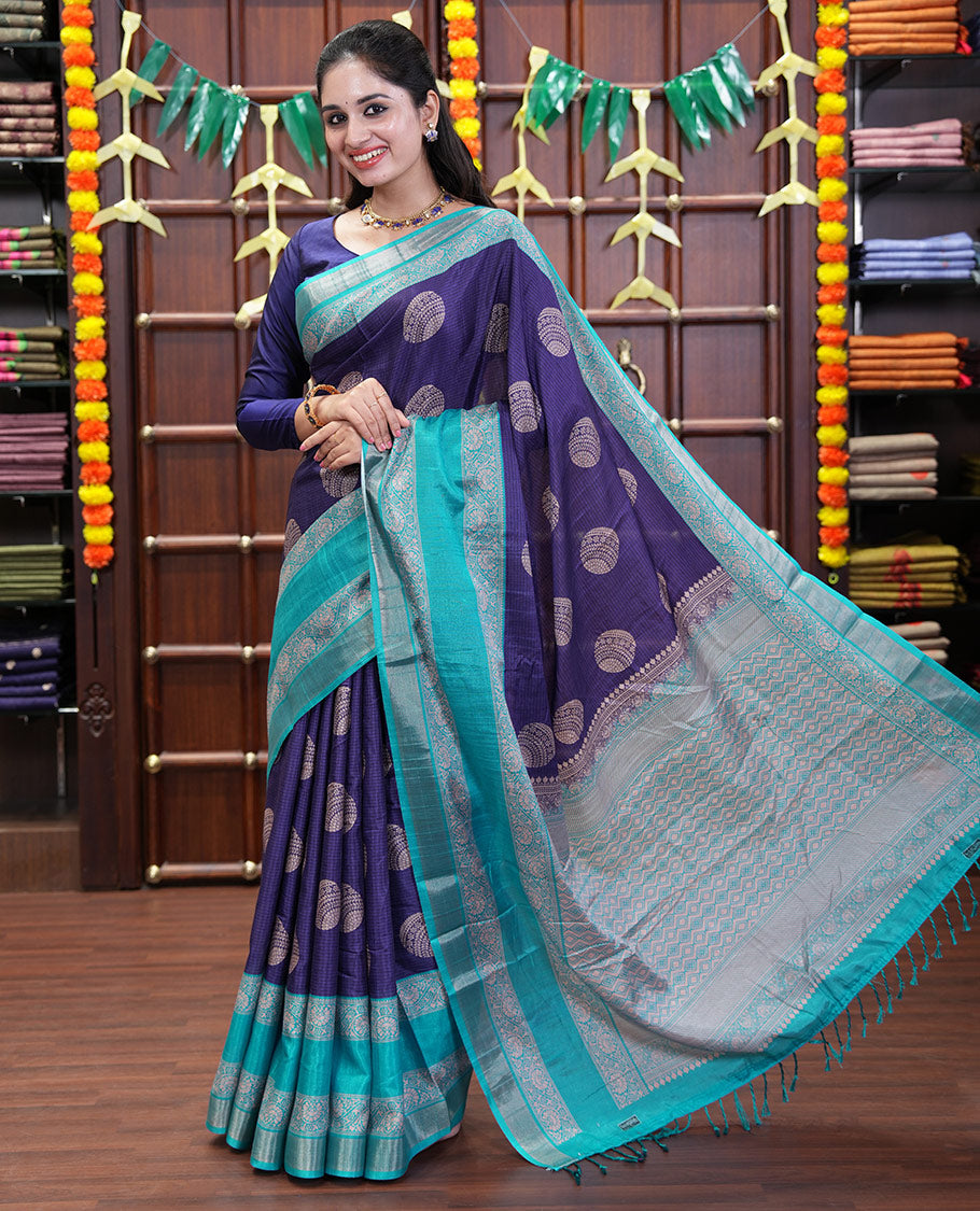 Violet Katan Silk Saree Enthralled with Stripes and Round Buttas on Its Body, Complemented by a Contrast Border of Floral Creeper Designs, Geometric Patterned Pallu, and Paired with a Contrast Blouse