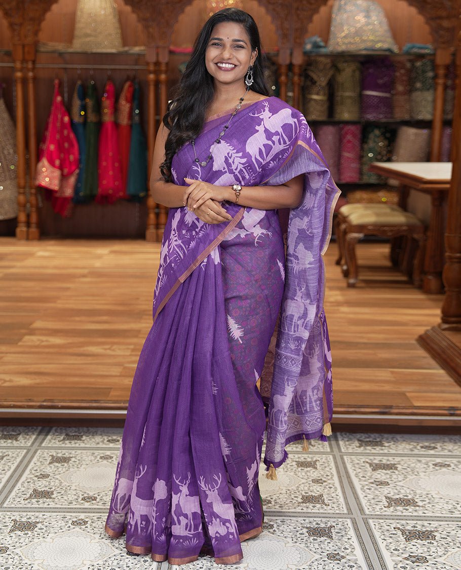 Violet Christmas-Themed Linen Cotton Saree, a Subtle Piping Border, a Christmas-Themed Print Pallu, a Contrast Blouse