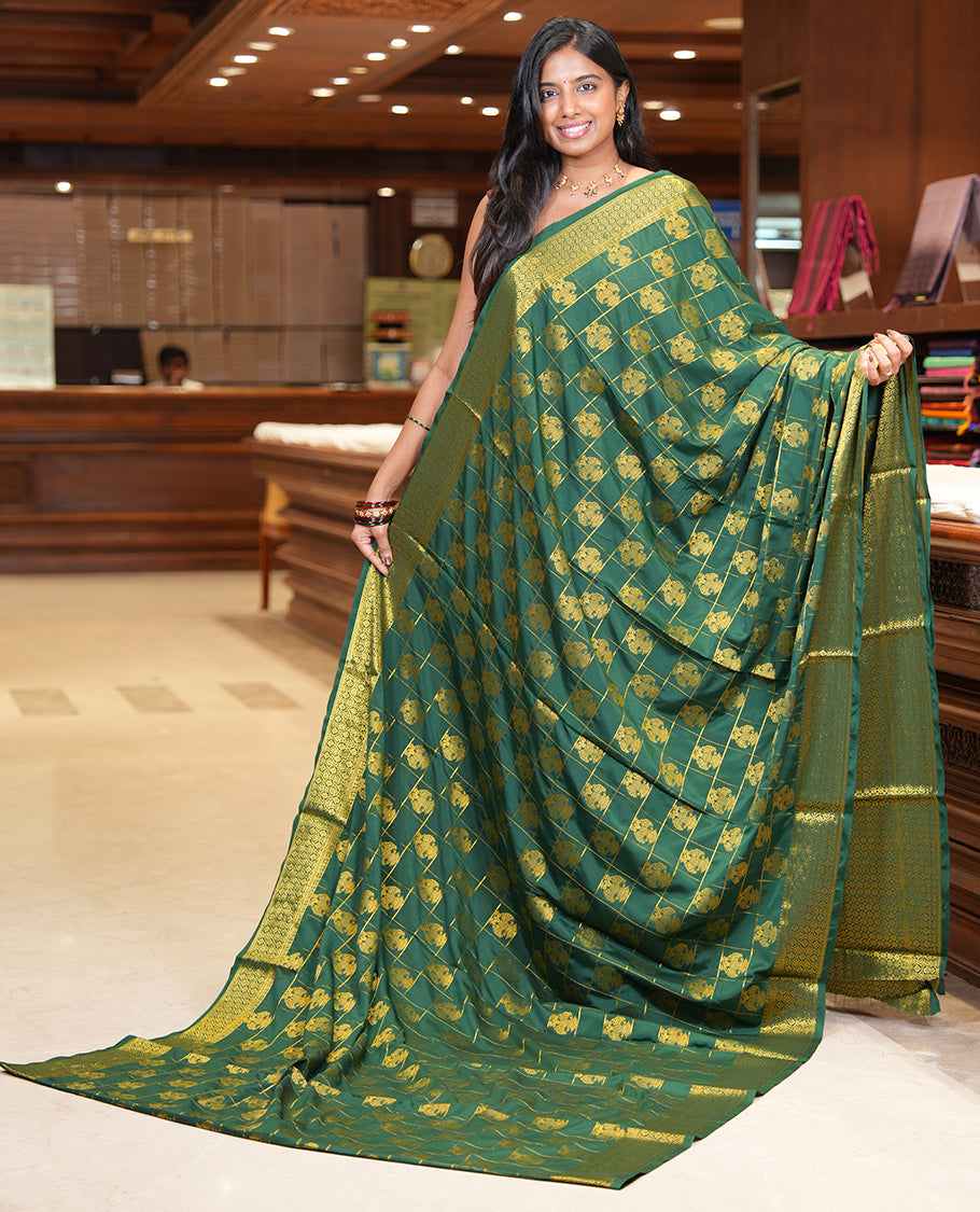 Bottle Green Mysore Silk Saree Features Iruthalai Pakshi Buttas Enclosed Checks, a Traditional Border, Matching Blouse