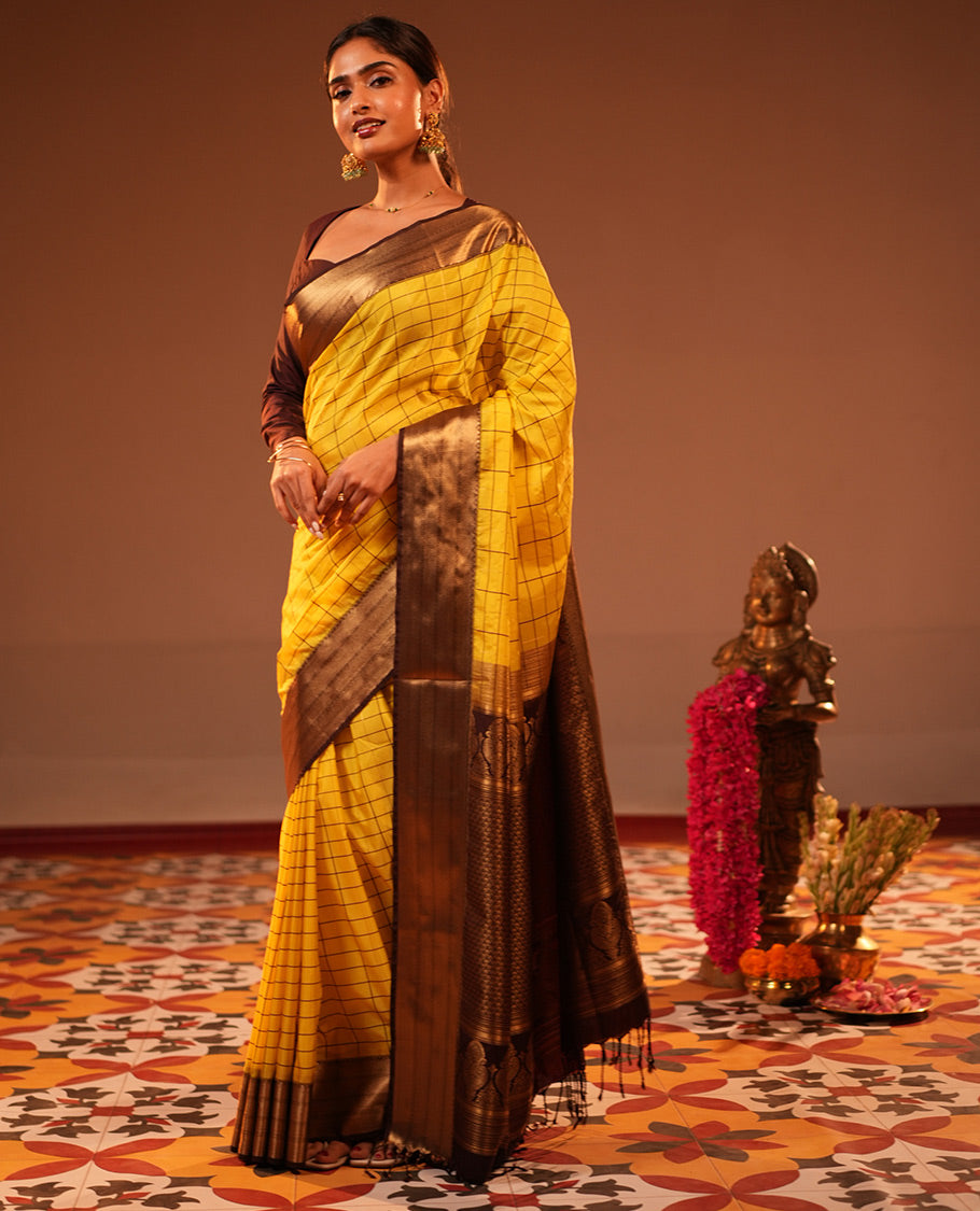Lemon Yellow Checks Semi-Soft Silk Saree
