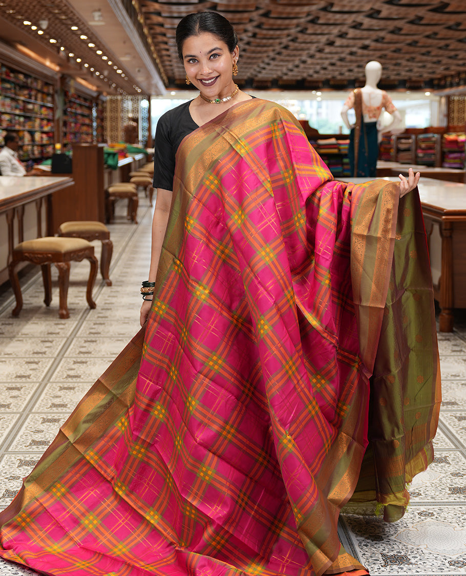 Pink Burberry Checked Litchi Saree, a Contrast Rettai Pettu Border, Grand Pallu, Contrast Blouse