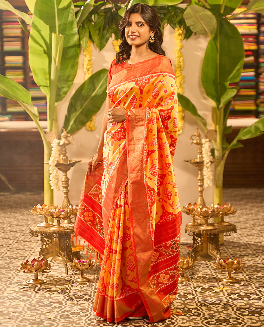 Multi-color fish, floral design ikkat saree with contrast plain border & floral design pallu